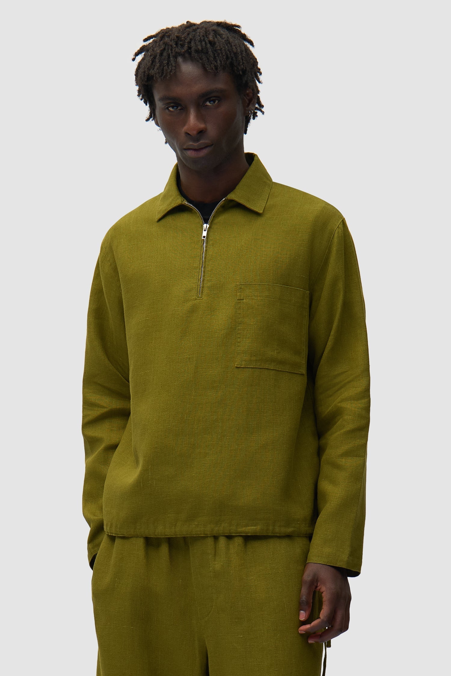 Pull à fermeture éclair quart de longueur en lin - Vert