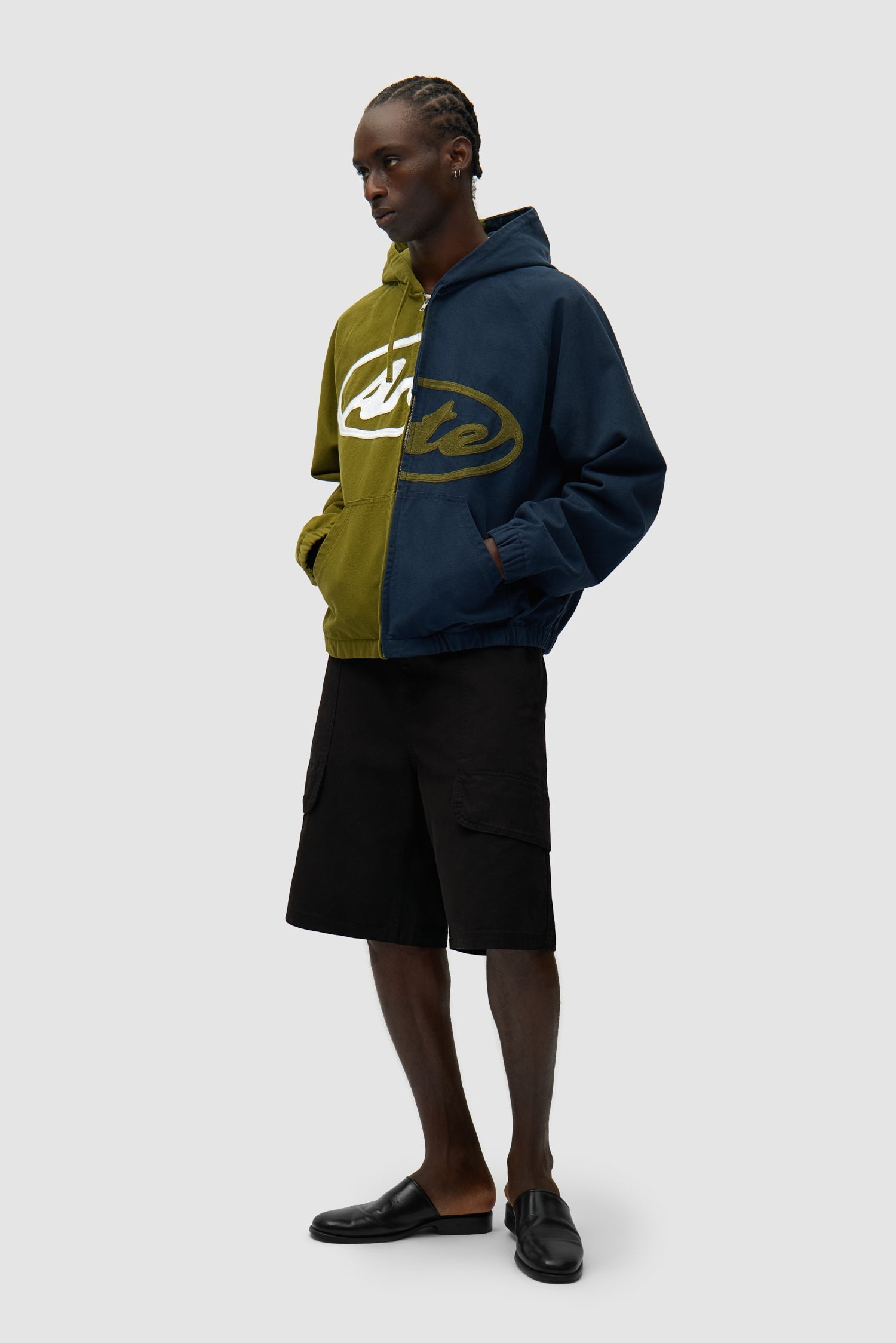 Veste à capuche en toile avec logo divisé - Bleu marine/Vert