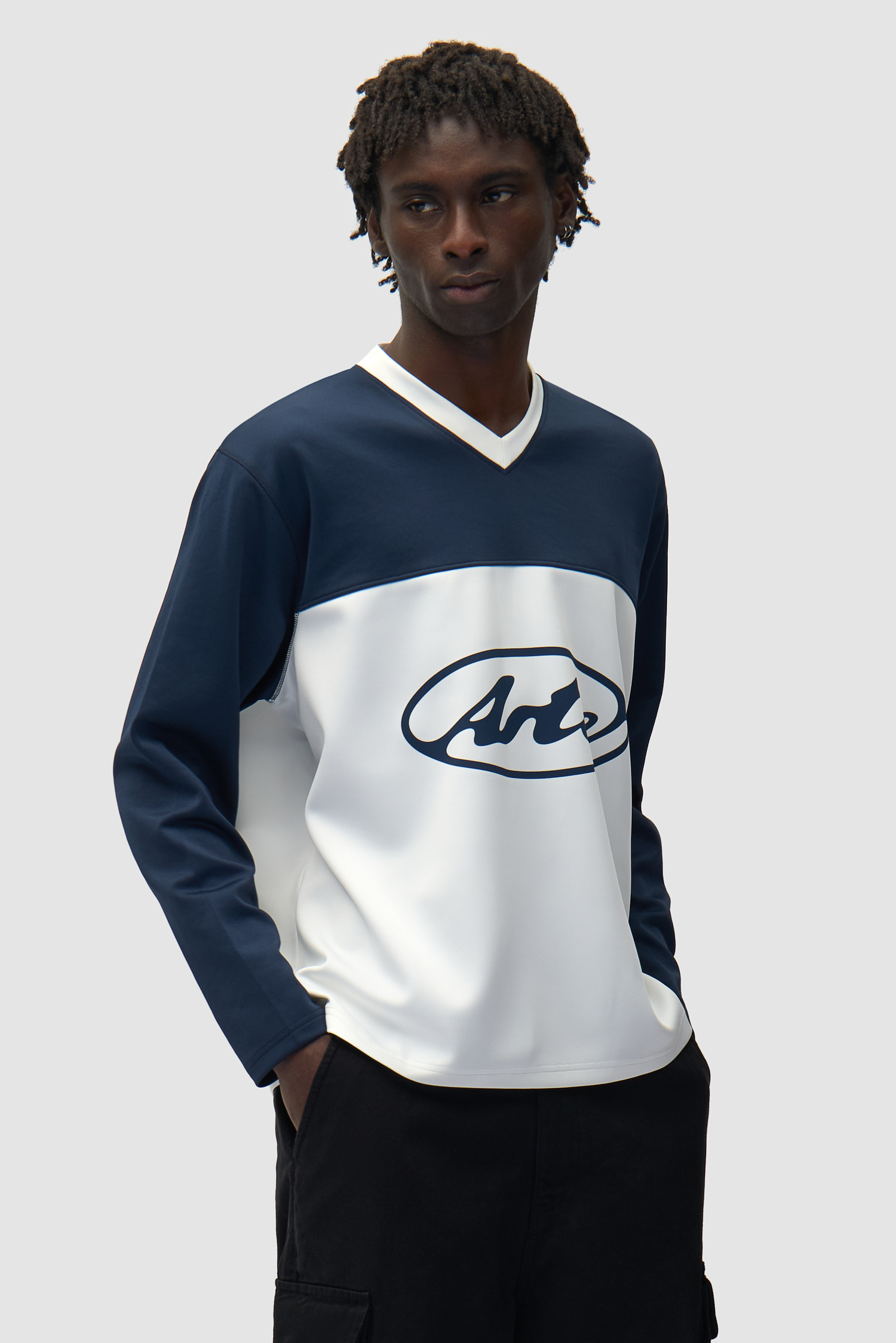 T-shirt à manches longues avec logo circulaire - Blanc/Bleu marine